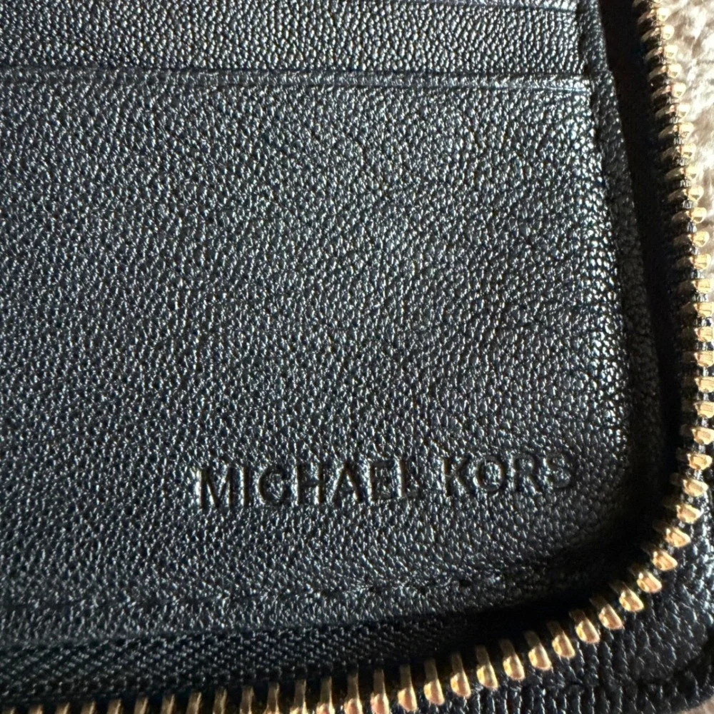 Michael Kors Hamilton Black Pebbled Leather Zip Around Wallet Gold Padlock